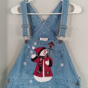 Vtg. Christopher & Banks Christmas Snowman Holiday Denim Overalls Sz. L.